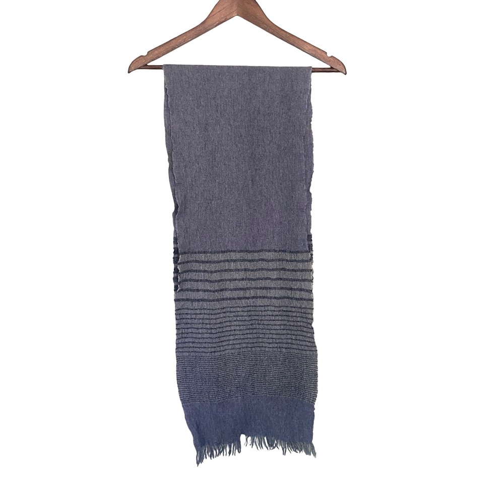 Cashmere Lana Wool Unisex Scarf OS Blue Gray Striped Fringed Made in Italy